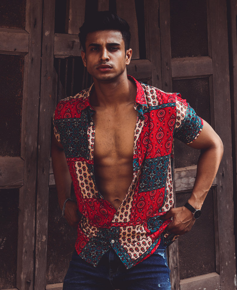 Red and Cream Patchwork Print Half Sleeves Shirt