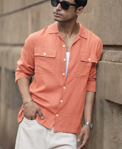 Peach Linen Double Pocket Shirt