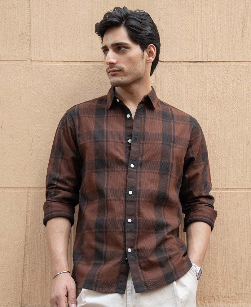 Dark Brown Structured Checked Shirt