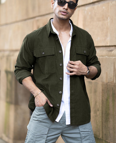 Olive Corduroy Shirt With Pockets
