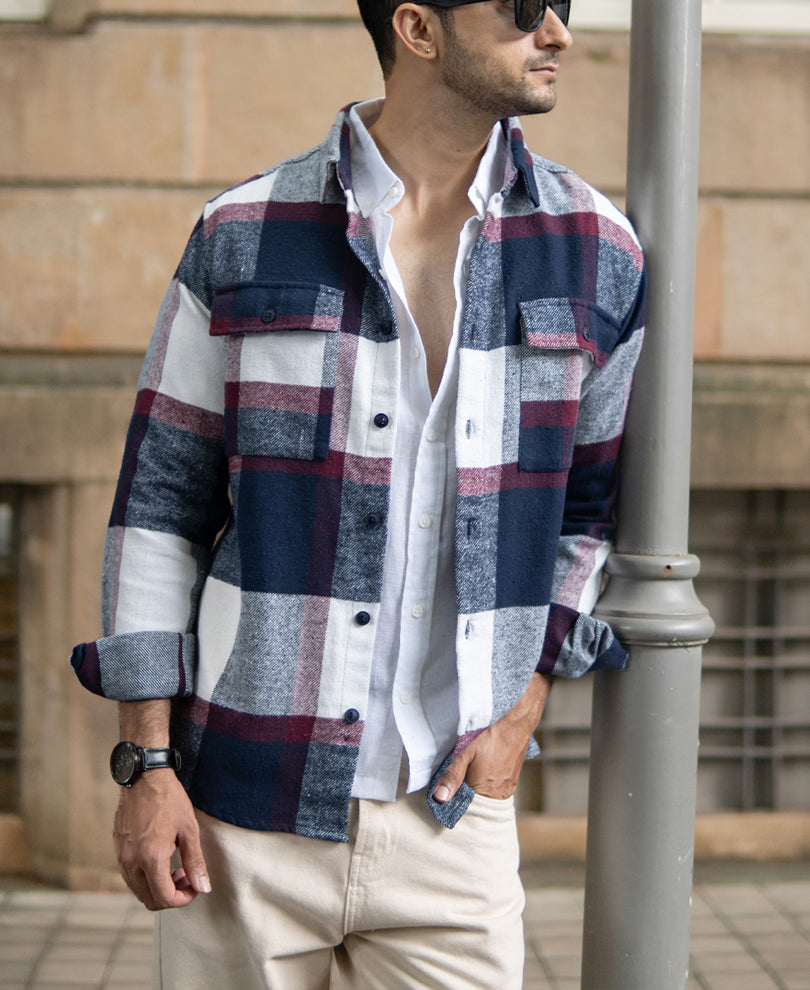 Navy And Wine Flannel Checks Shirt