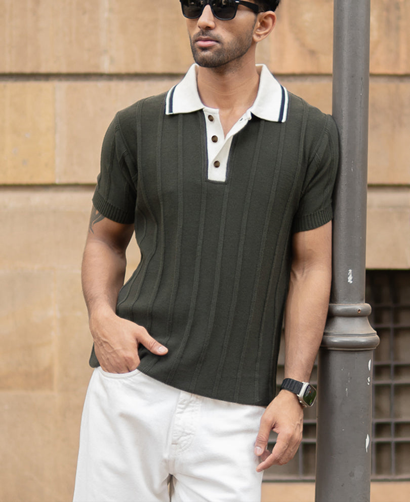 Olive Contrast Collar Knit T-Shirt