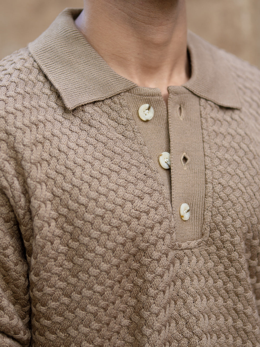 Dark Beige Knit Polo Sweater