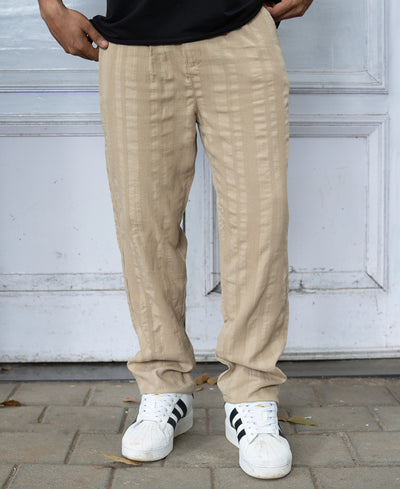Beige Structured Pleated Cotton Trousers