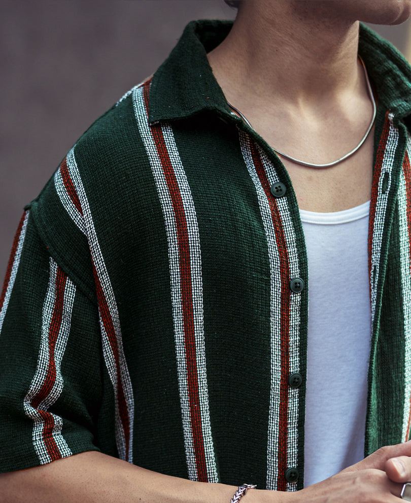 Olive Green Vertical Stripes Oversize Drop Shoulder Shirt