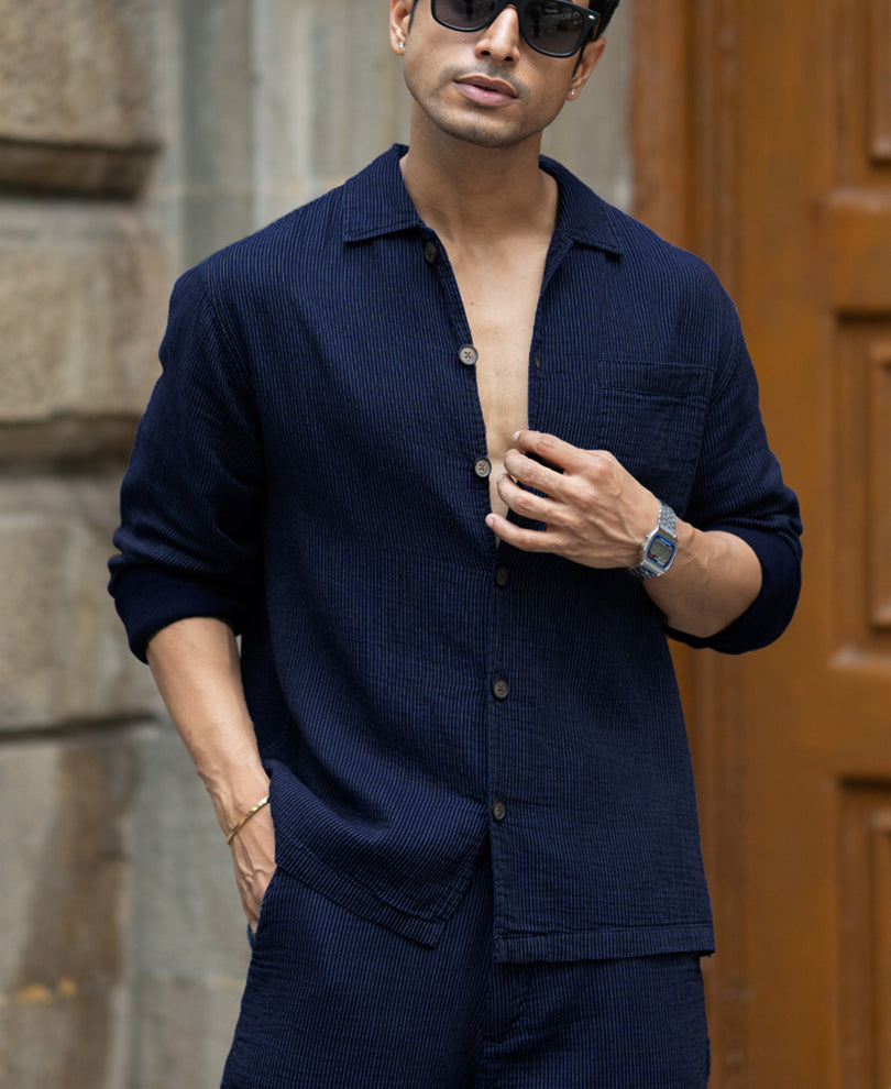 Navy Double Cloth Stripe Co-Ord Set