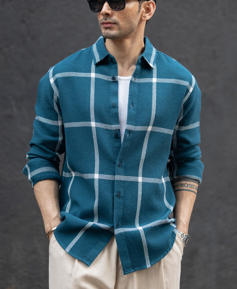 Teal Structured Checked Shirt