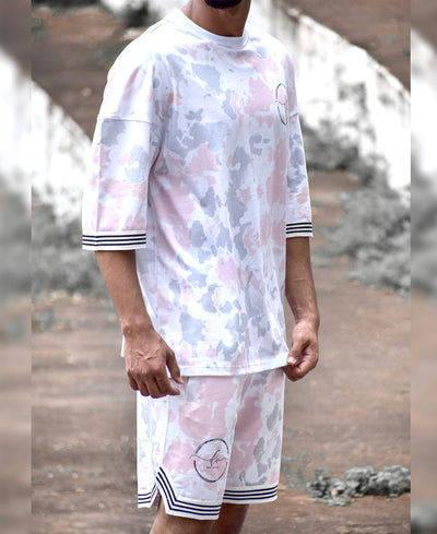 White and Pink Stripe Tie-Dye Oversize Drop Shoulder Shorts Set