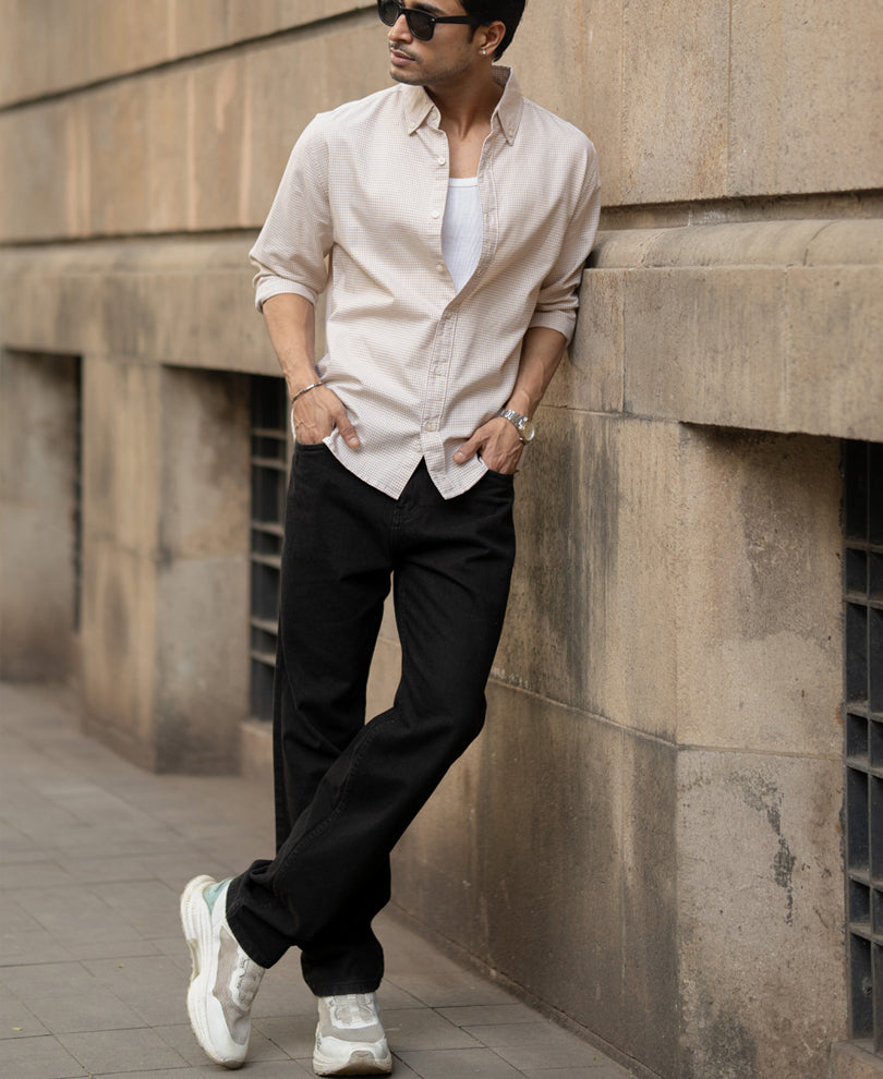 Beige Microchecks Oxford Shirt