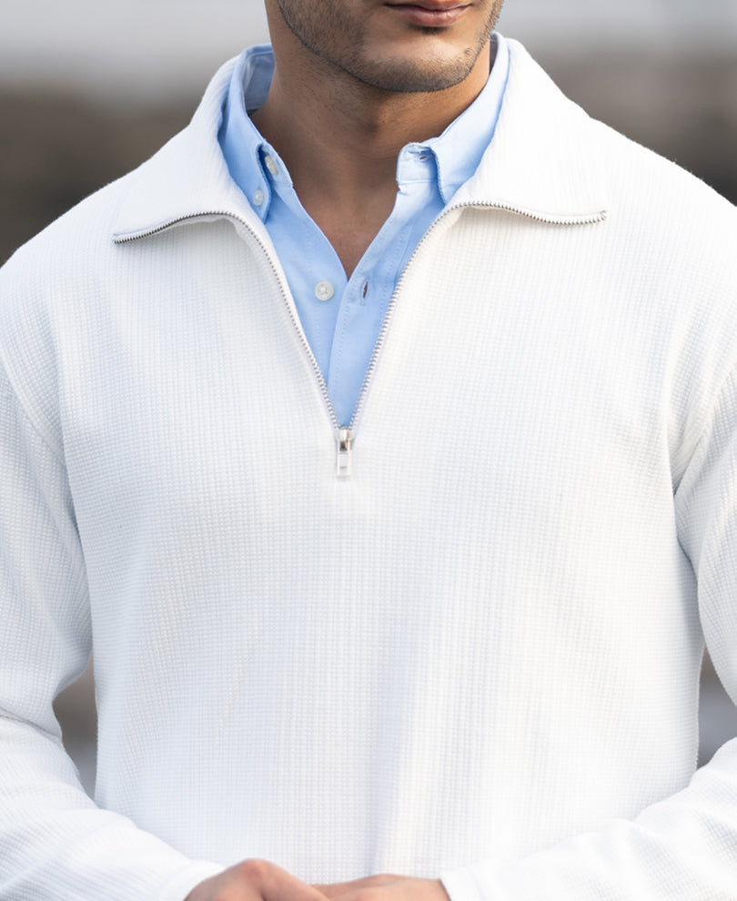 White Structure Zipper T-Shirt.