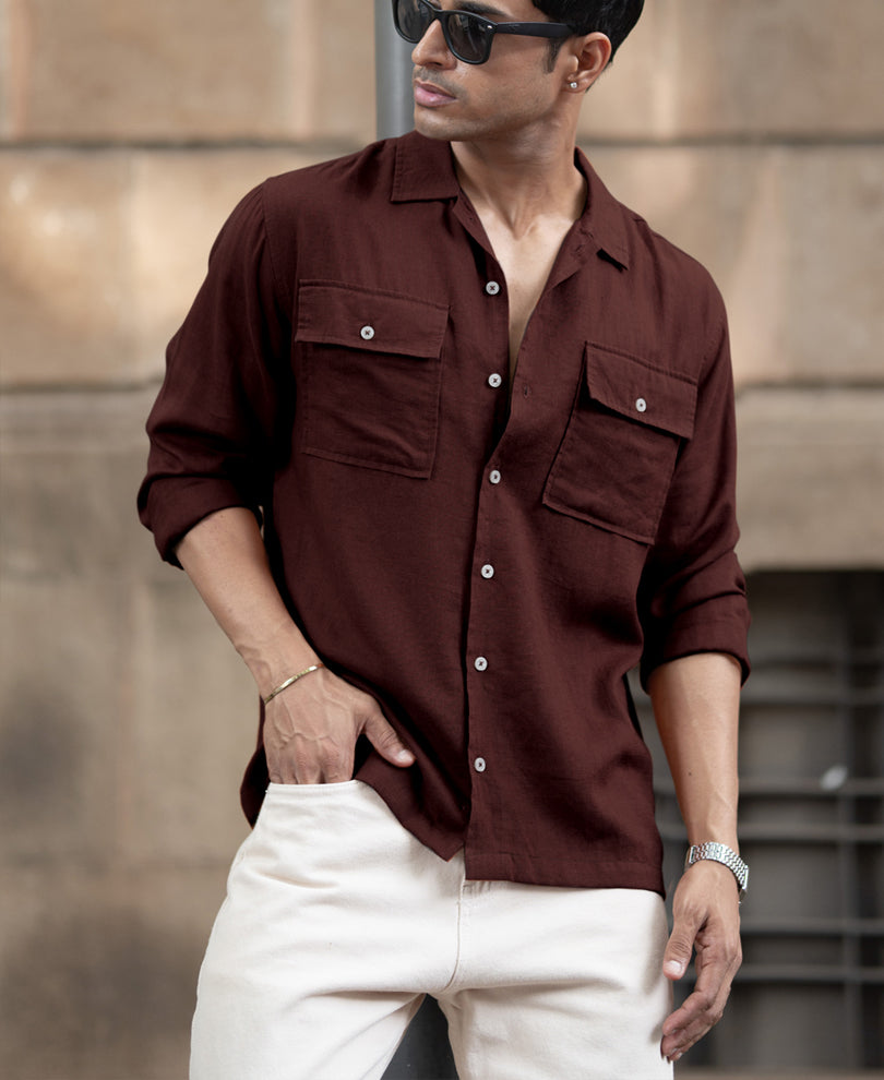 Wine Linen Double Pocket Shirt