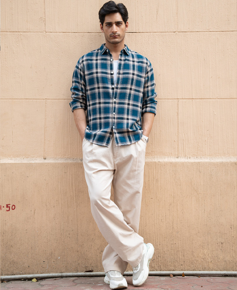 Teal Structured Checks Shirt.