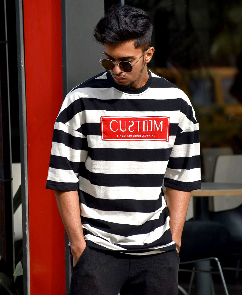 Black and Cream Custom Print Oversize Drop Shoulder T Shirt