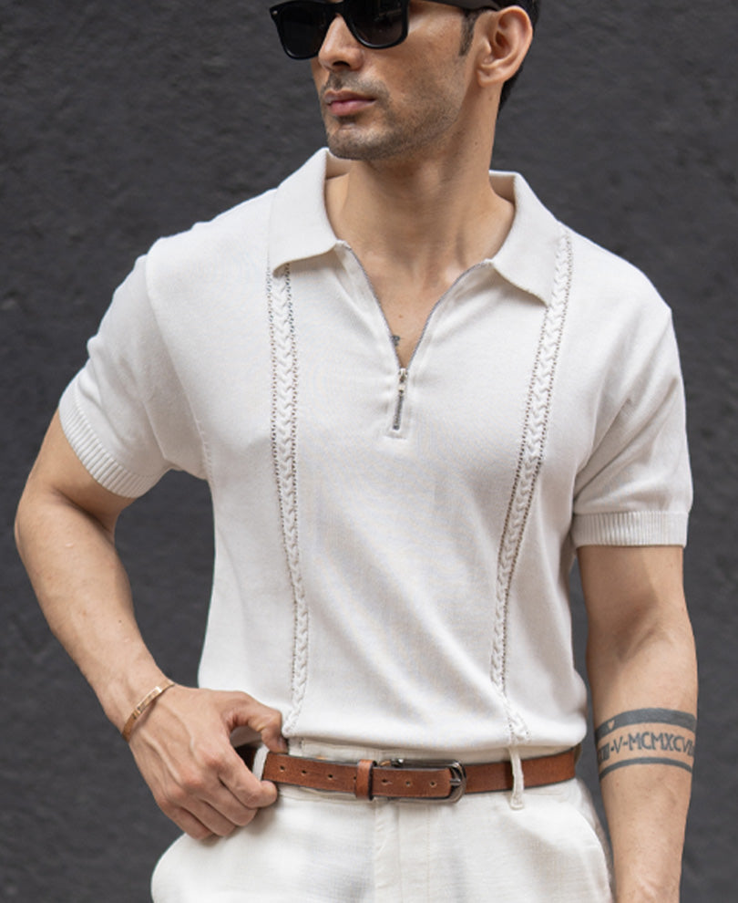White Structured Knit Zipper T-Shirt.