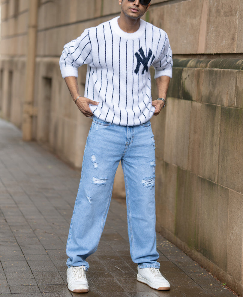 White Striped Fuzzy Sweater