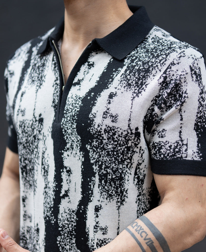 Black White Jacquard Knit T-Shirt.