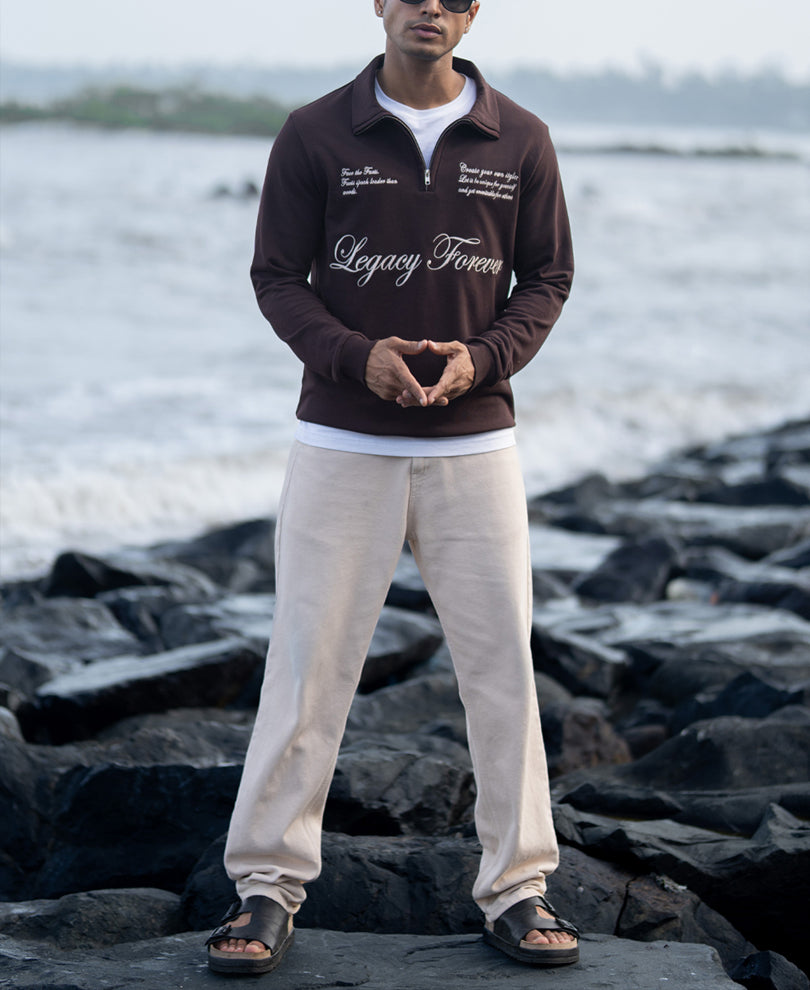 Brown Embroidered Quarter Zip Sweatshirt