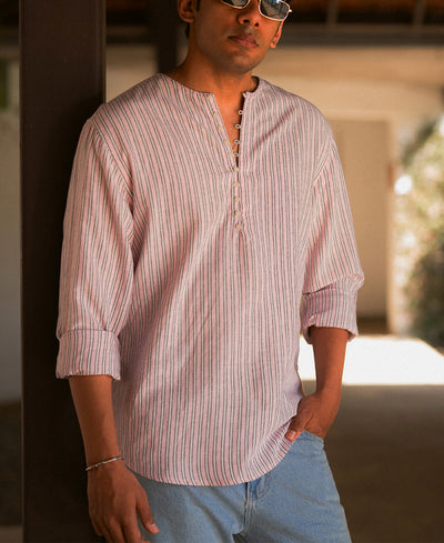 Pastel Pink Linen Blend Stripe Kurta Shirt