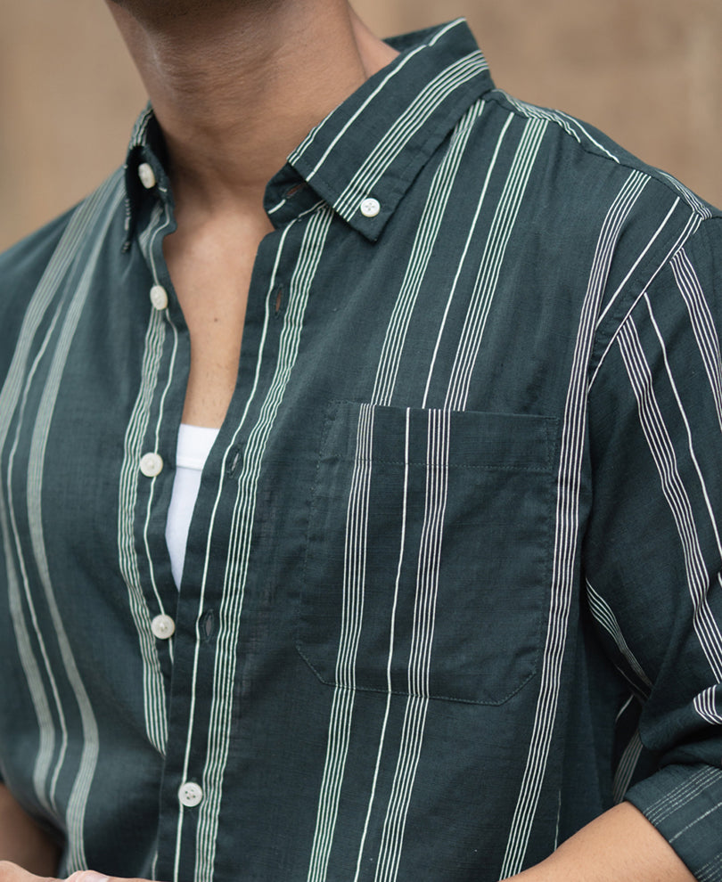 Dark Green Stripped Button Down Shirt