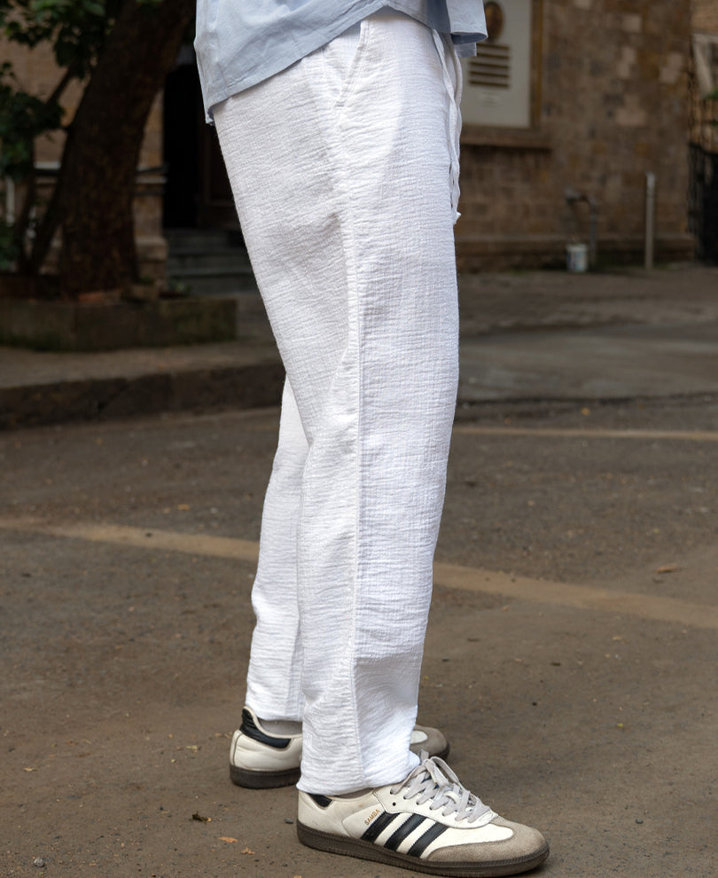 White Regular Fit Crinkled Trouser