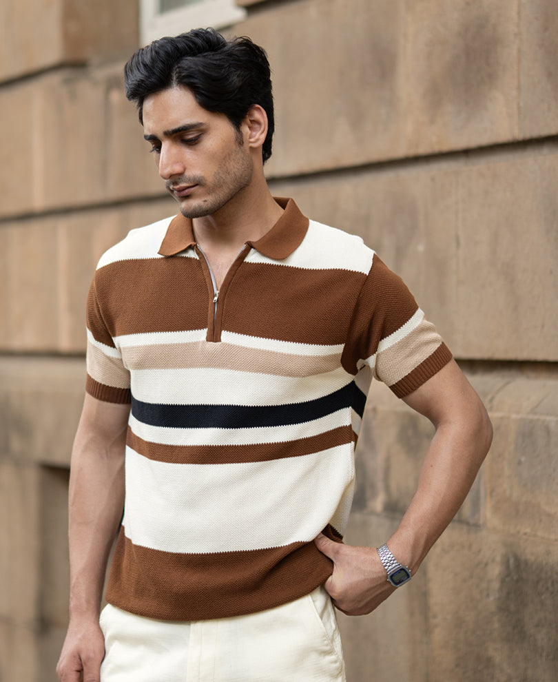 Multi Color Stripe Knit T-Shirt.