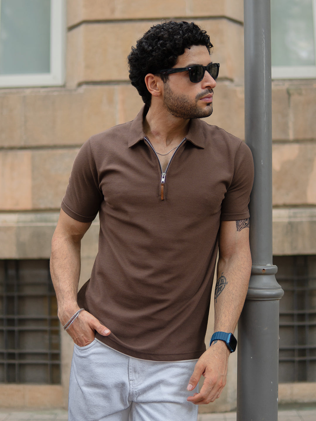 Brown Knit Zipper Polo T-Shirt