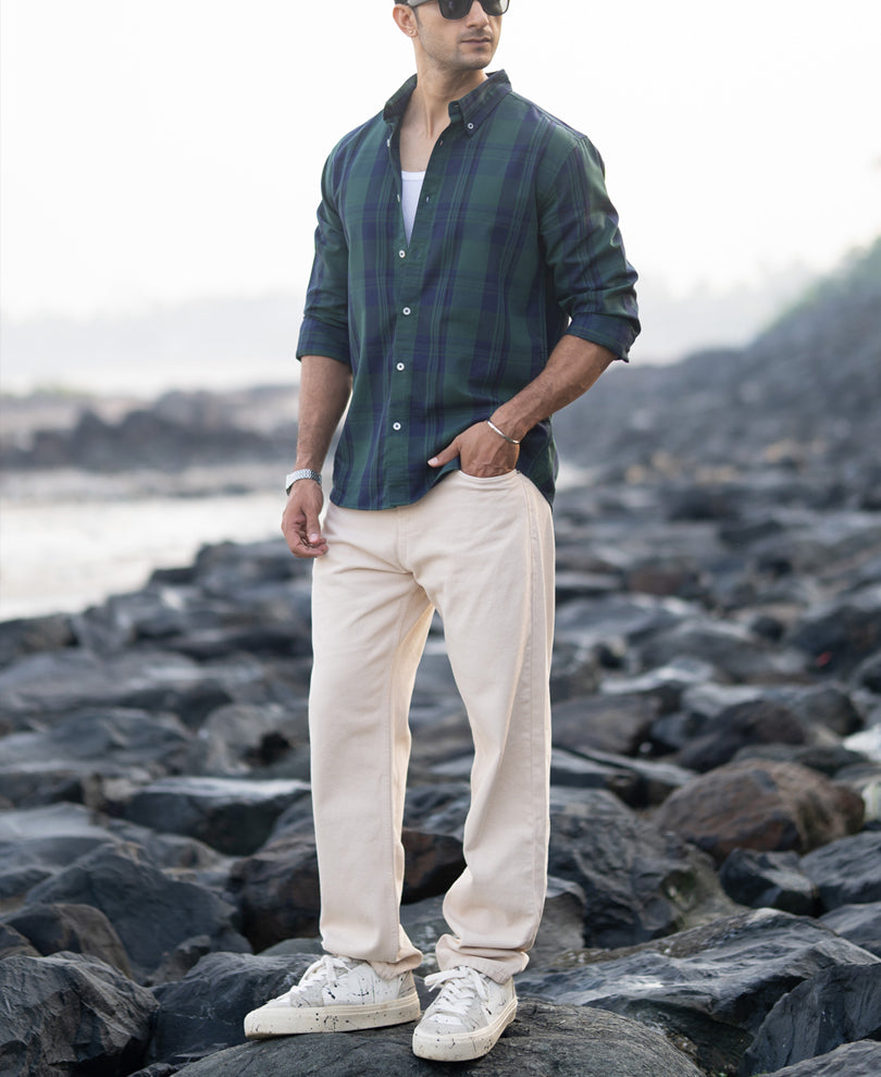 Navy Green Structured Checks Shirt