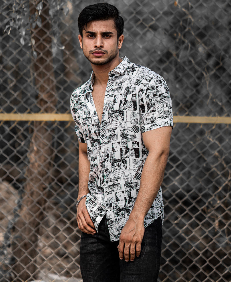 White Comic Print Half Sleeves Shirt