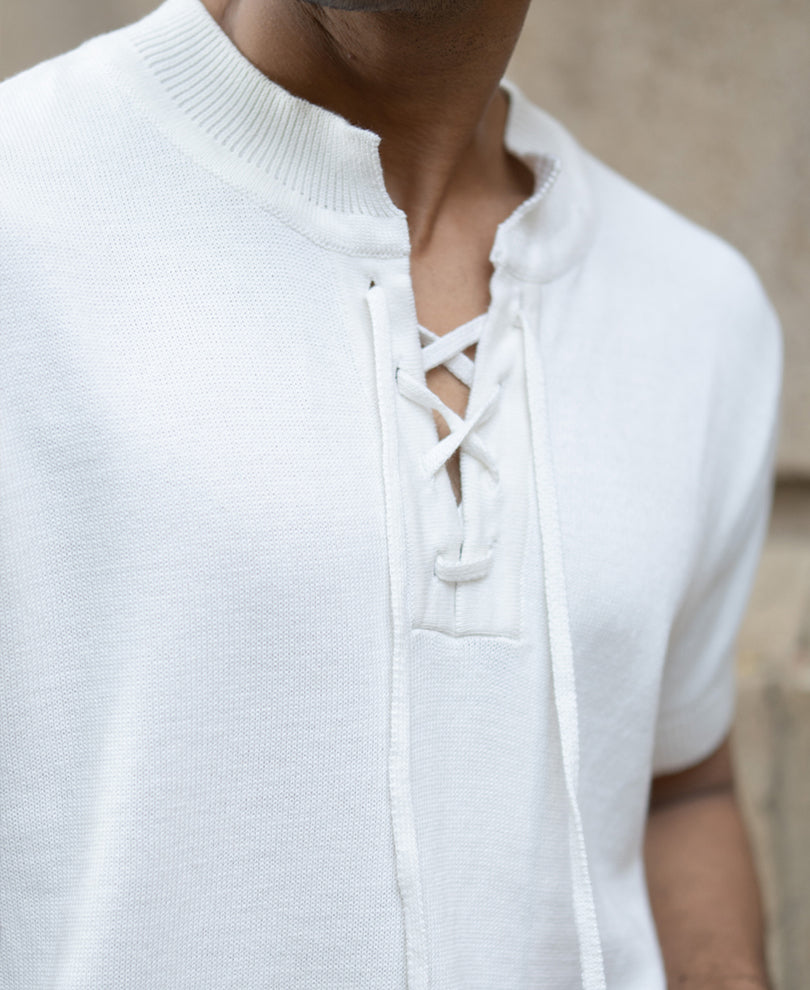 White Knitted Regular Fit Henley T-Shirt