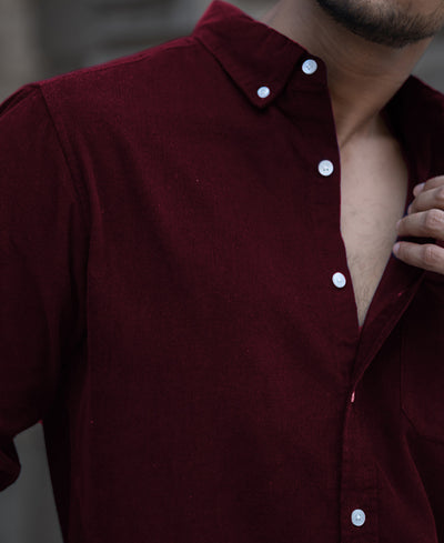 Wine Corduroy Regular Fit Full Sleeves Shirt.
