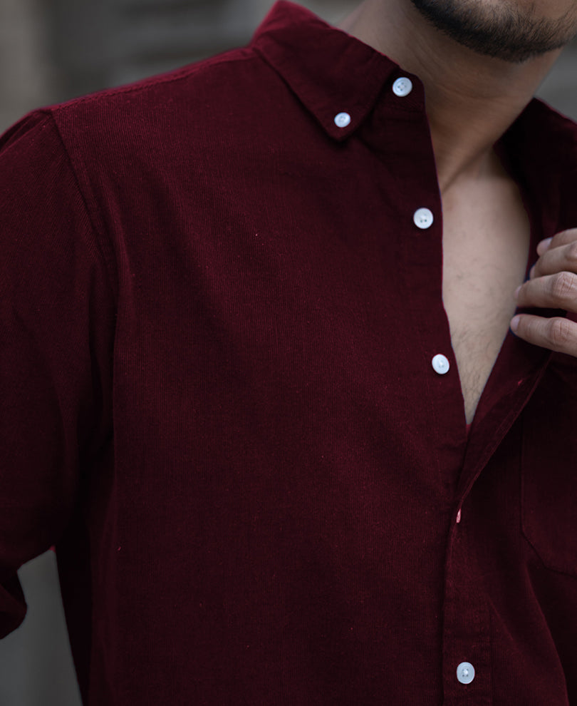 Wine Corduroy Regular Fit Full Sleeves Shirt
