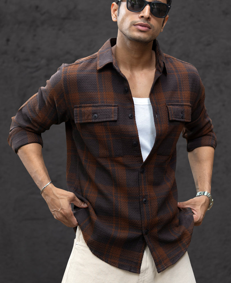 Dark Brown Structured Checks Shirt