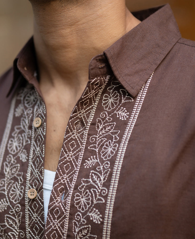 Dark Brown Linen Blend Embroidery Shirt