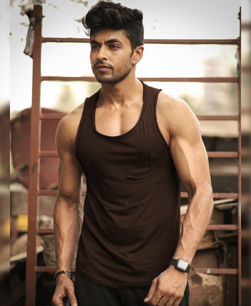 Mens Dark Brown Plain Pocket Vest