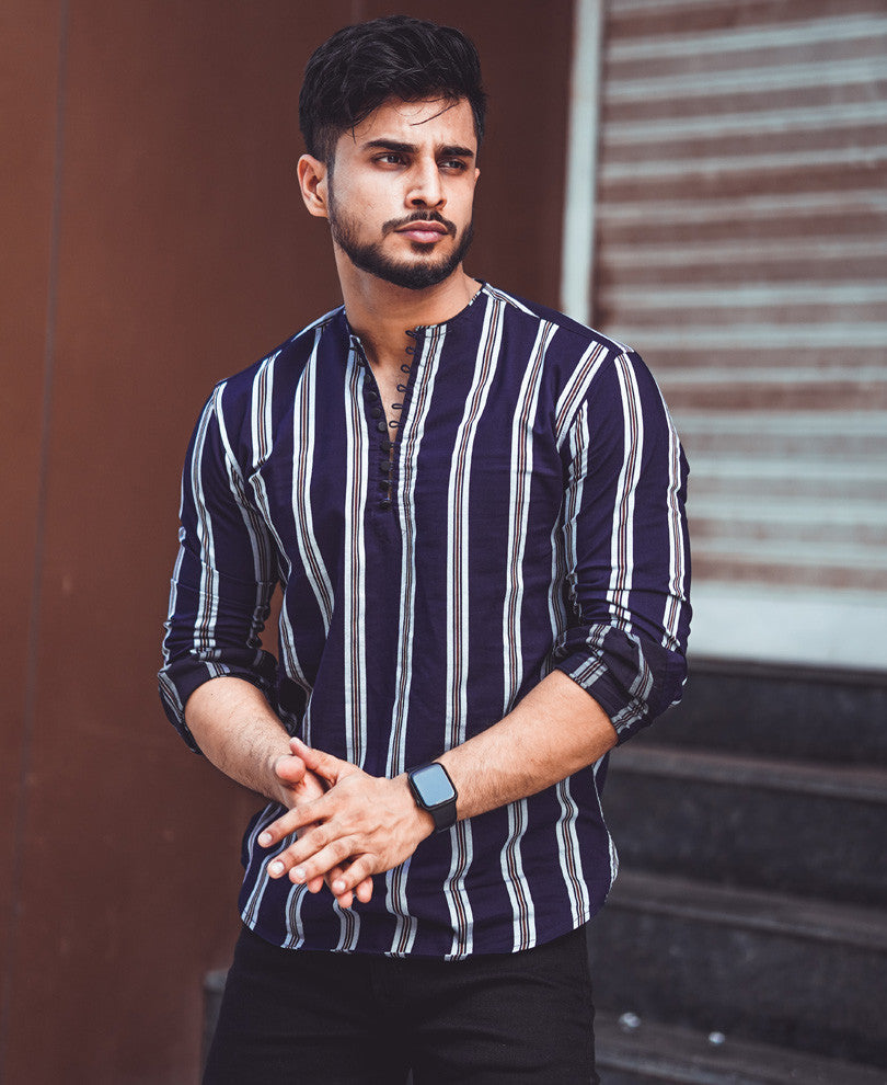 Navy Blue Vertical Stripe Kurta Full Sleeves Shirt
