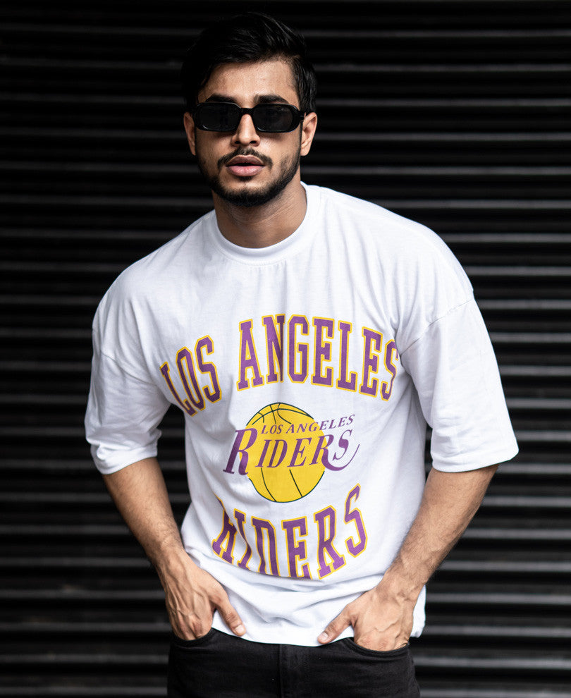 White Los Angeles Riders Print Oversize Drop Shoulder T Shirt