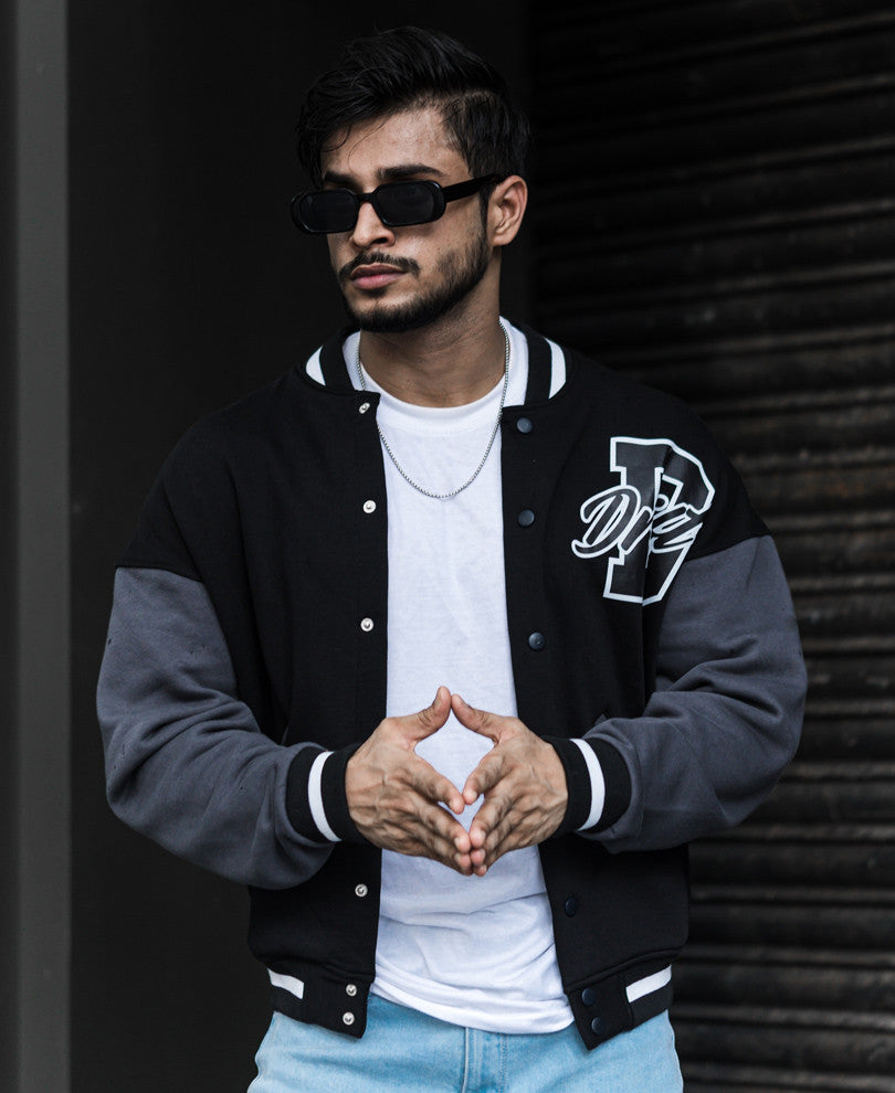 Black Varsity Baseball Oversize Drop Shoulder Jacket