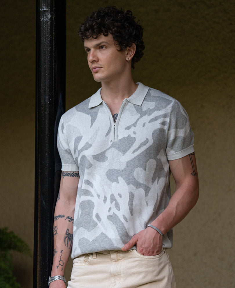 Grey Jacquard Knit T-Shirt 100% Cotton