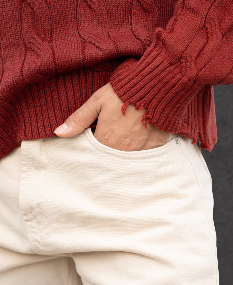 Ochre Distressed Cable Knit Sweater