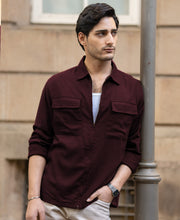 Wine Linen Blend Zipper Shirt
