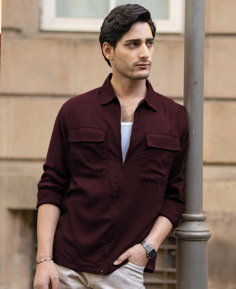 Wine Linen Blend Zipper Shirt