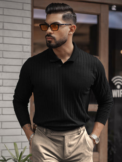 Black Structured Knit T-Shirt