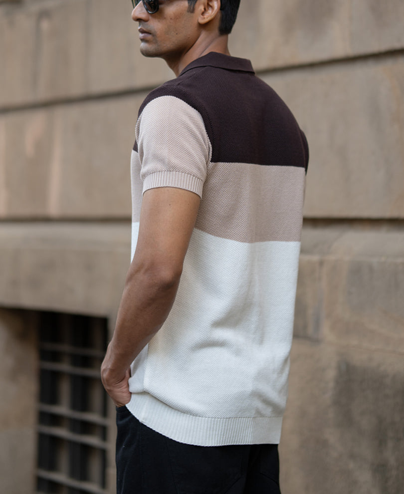 Beige & Brown Knit Stripe T-Shirt