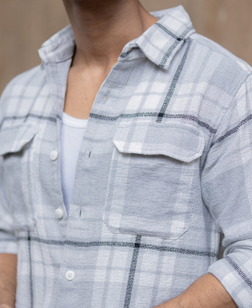 Light Grey Structured Checks Shacket Oversize Drop Shoulder Shirt