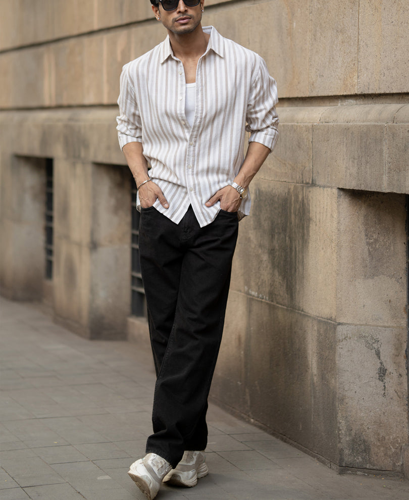 Beige Structured Stripes Shirt