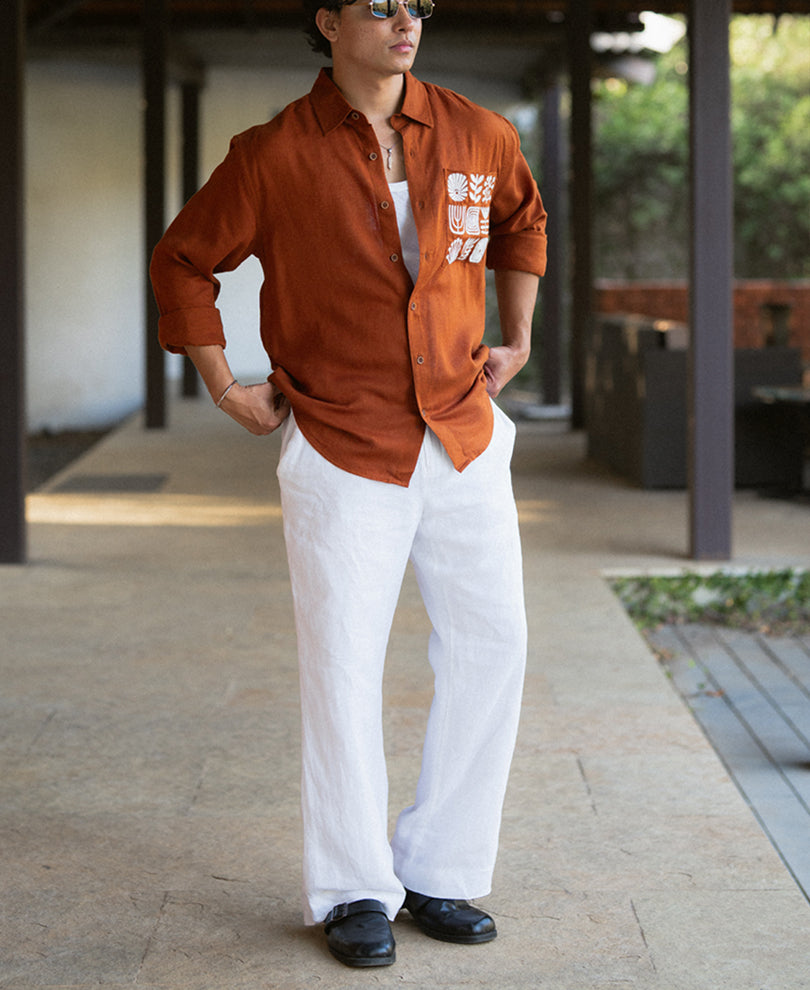 Rust Linen Blend Embroidered Shirt