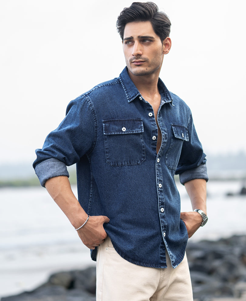 Dark Blue Washed Denim Full Sleeves Shirt.