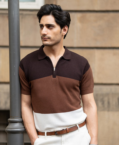 Brown & Beige Stripe Knit T-Shirt