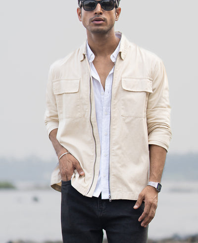 Light Beige Structured Zipper Overshirt