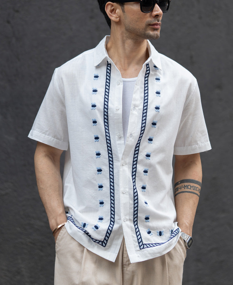 Off White Embroidered Cotton Shirt.